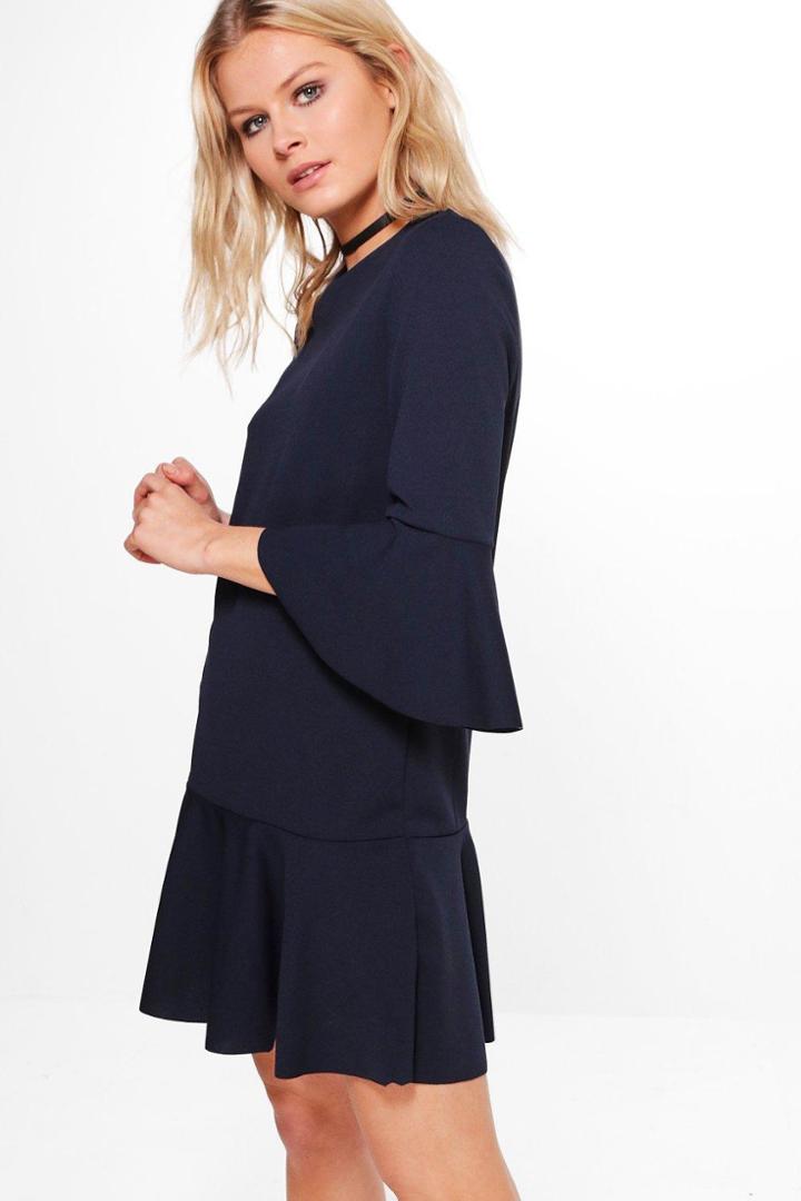 Boohoo Fiona Flare Sleeve And Hem Tailored Dress Navy