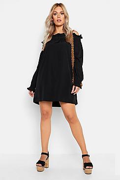 Boohoo Plus Ruffle Volume Sleeve Bardot Smock Dress