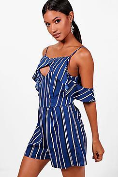 Boohoo Nina Open Shoulder Stripe Playsuit