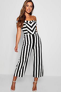 Boohoo Petite Freya Bardot Stripe Culotte Jumpsuit