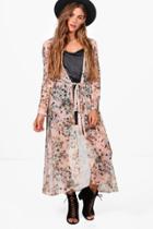 Boohoo Zoe Floral Mesh Belted Kimono Nude