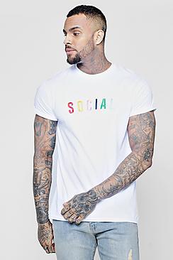 Boohoo Rainbow Embroidered Social T-shirt
