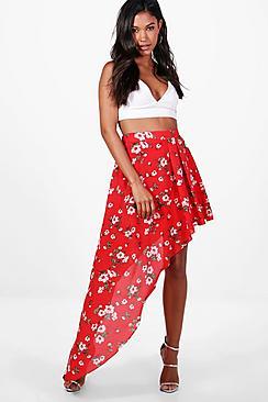 Boohoo Cara Floral Asymetric Floaty Midi Skirt