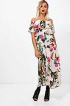 Boohoo Elle Tropical Print Off The Shoulder Maxi Dress