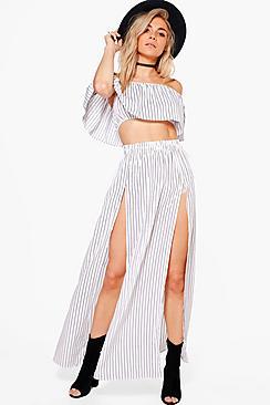 Boohoo Erin Woven Stripe Off The Shoulder Wrap Skirt Co-ord