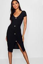 Boohoo Button Front Sweetheart Neck Ribbed Midi Dress