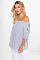 Boohoo Hanaah Tie Sleeve Striped Jersey Bardot Top