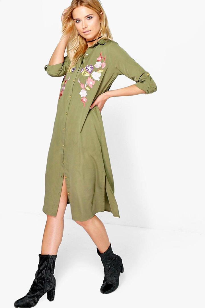 Boohoo Boutique Abie Embroidered Midi Shirt Dress Khaki