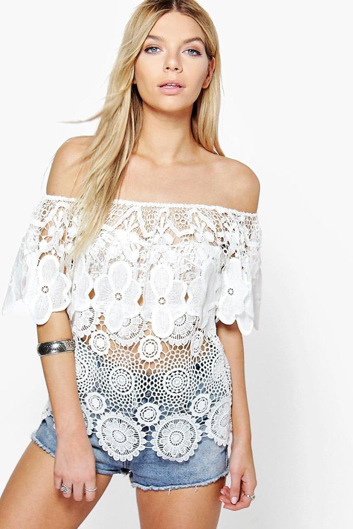 Boohoo Lillie Off The Shoulder Crochet Floral Top Cream