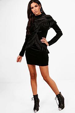 Boohoo Lola Velvet Tassel High Neck Dress