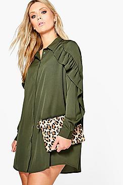 Boohoo Plus Jessie Ruffle Sleeve Shirt Dress