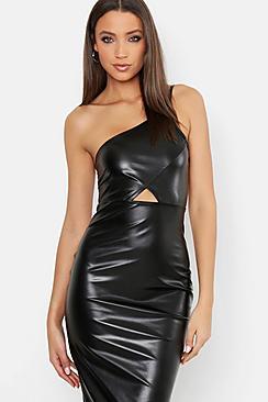 Boohoo Tall One Shoulder Pu Bodycon Midi Dress