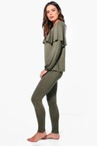 Boohoo Millie Cape Ruffle Loungewear Top + Legging Set Olive