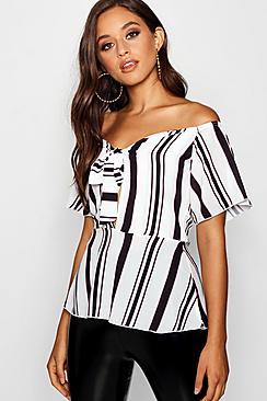 Boohoo Tie Front Peplum Stripe Woven Top