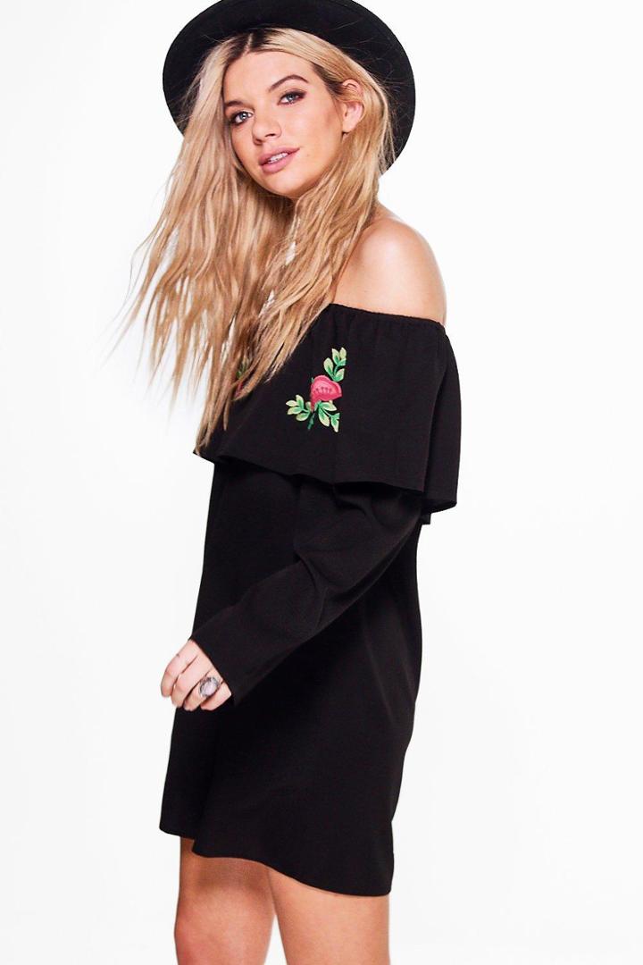 Boohoo Elisha Embroidered Off Shoulder Shift Dress Black