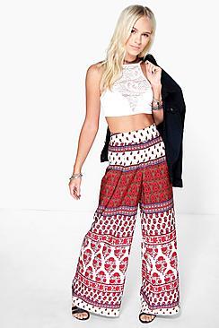 Boohoo Petite Lucia Ethnic Print Woven Wide Leg Trouser