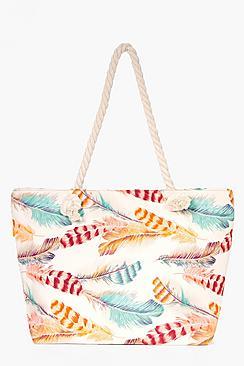 Boohoo Alexis Feather Print Beach Bag