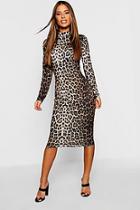 Boohoo Petite High Neck Long Sleeve Leopard Midi Dress