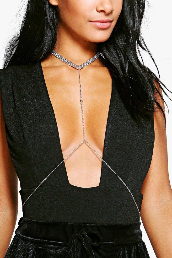 Boohoo Amber Diamante Choker Body Chain Silver