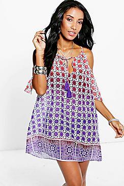 Boohoo Aimee Ombre Tile Print Cold Shoulder Sun Dress