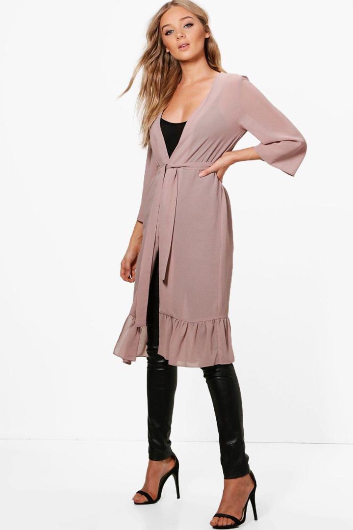 Boohoo Katy Frill Hem Belted Kimono Mauve