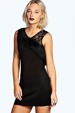 Boohoo Laura Fringe And Lace Bodycon Dress