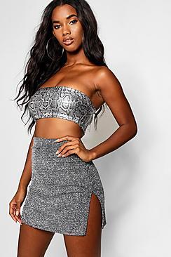 Boohoo Metallic Sparkle Thigh Split Mini Skirt