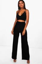 Boohoo Tamiar Slinky Bralette & Trouser Co-ord Black