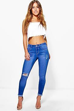 Boohoo Petite Nadia Mid Rise Skinny Ripped Knee Jean