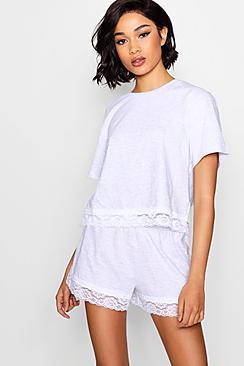 Boohoo Caitlyn Lace Trim Marl Short Set