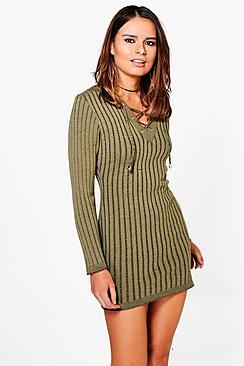 Boohoo Petite Melissa Lace Up Rib Knit Jumper Dress