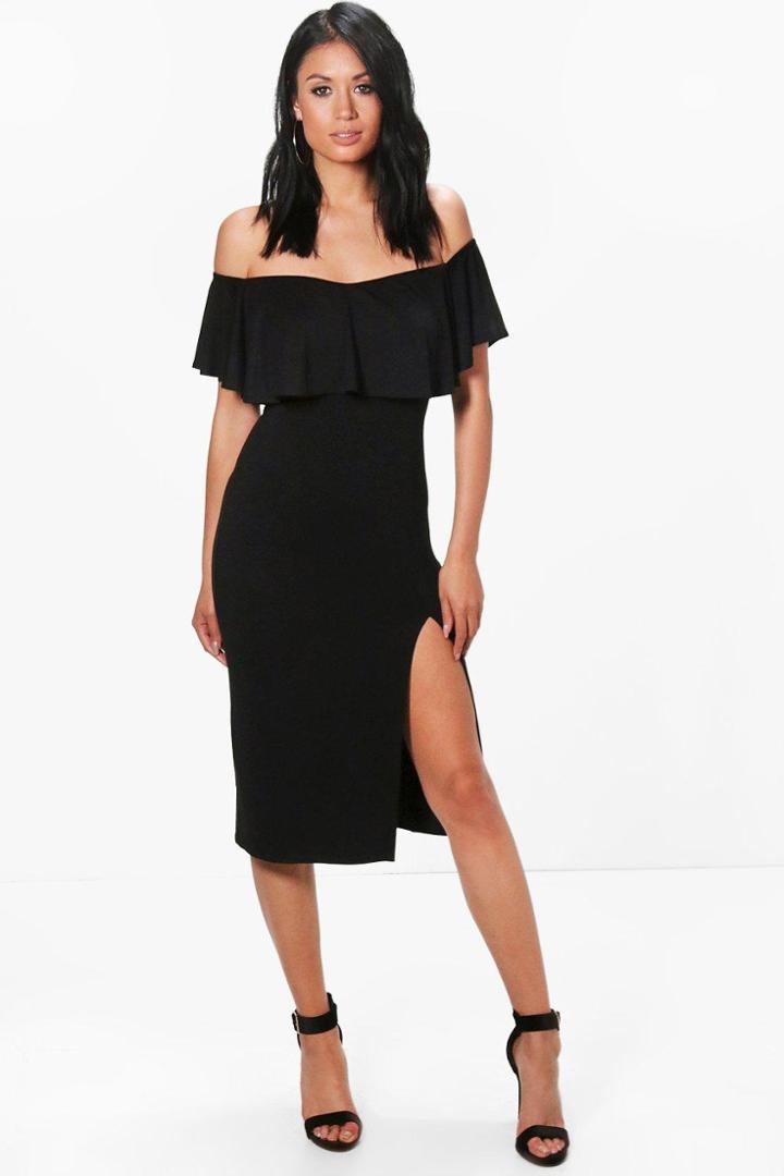 Boohoo Josie Frill Detail Off The Shoulder Midi Dress Black