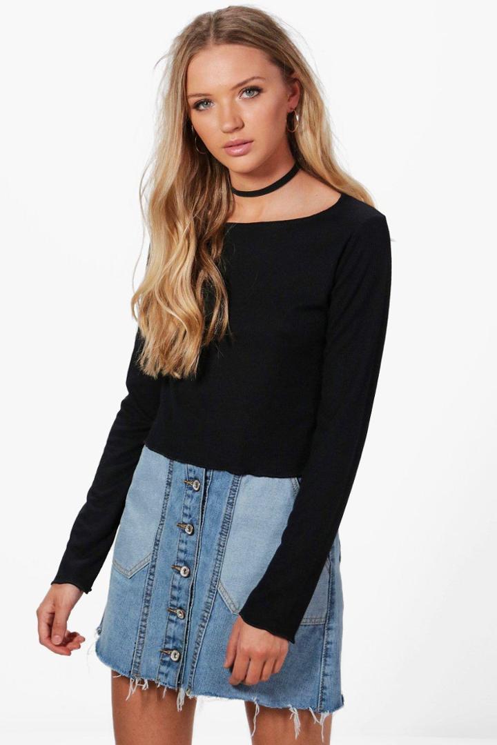 Boohoo Nicola Frill Edge Rib Knitted Top Black