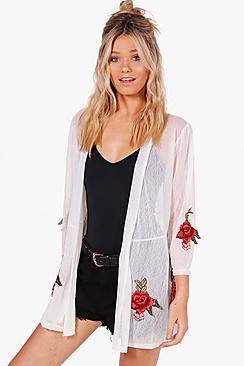 Boohoo Ivy Embroidered Mesh Kimono