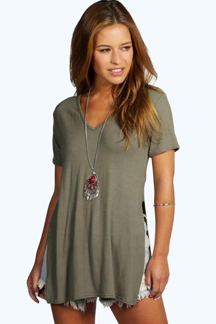 Boohoo Petite Taylor Split Side T-shirt Khaki