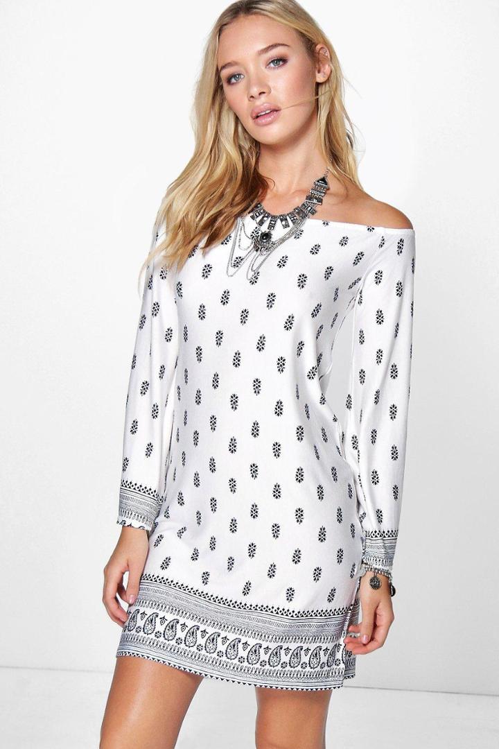 Boohoo Eve Boho Off The Shoulder Swing Dress Blue