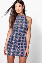 Boohoo Lily High Neck Printed Mini Dress Blue