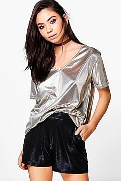 Boohoo Alicia Metallic Roll Sleeve T-shirt