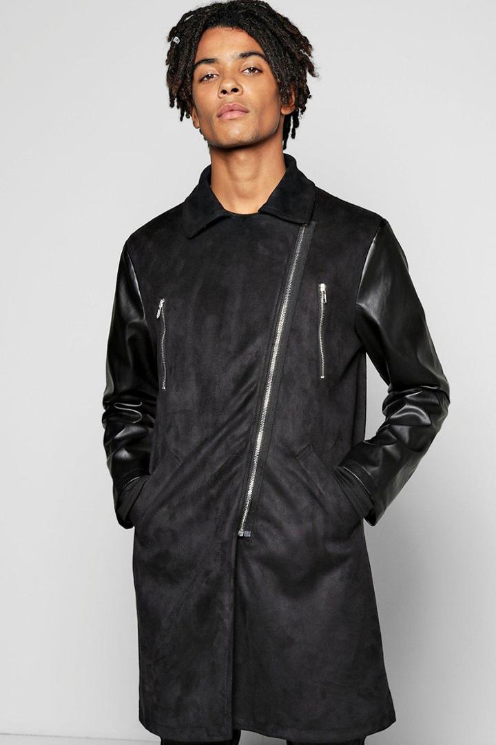 Boohoo Multi Zip Bonded Overcoat With Pu Sleeves Black