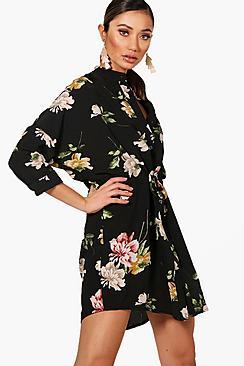 Boohoo Dara Luxe Fabric Floral Tie Waist Shirt Dress