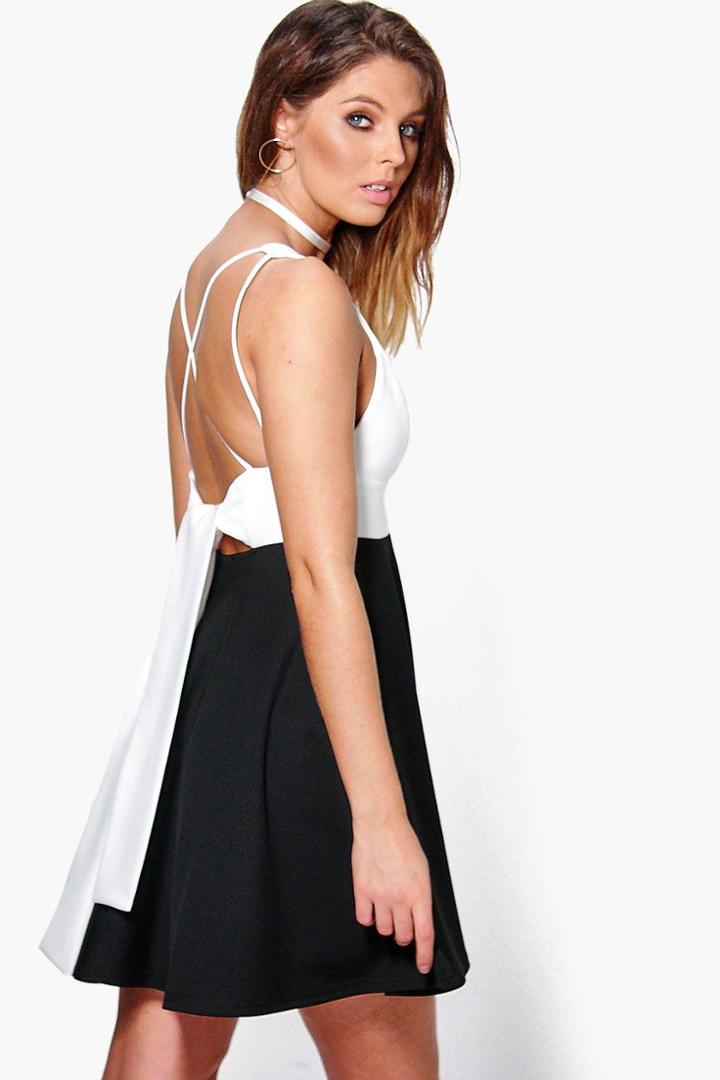 Boohoo Rose Back Bow Detail Skater Dress Black