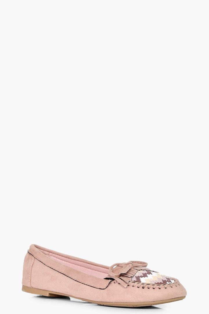 Boohoo Stacey Embellished Moccasin Ballet Blush