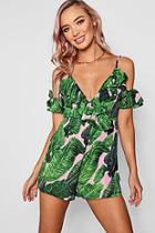 Boohoo Lucie Palm Print Ruffle Cold Shoulder Playsuit
