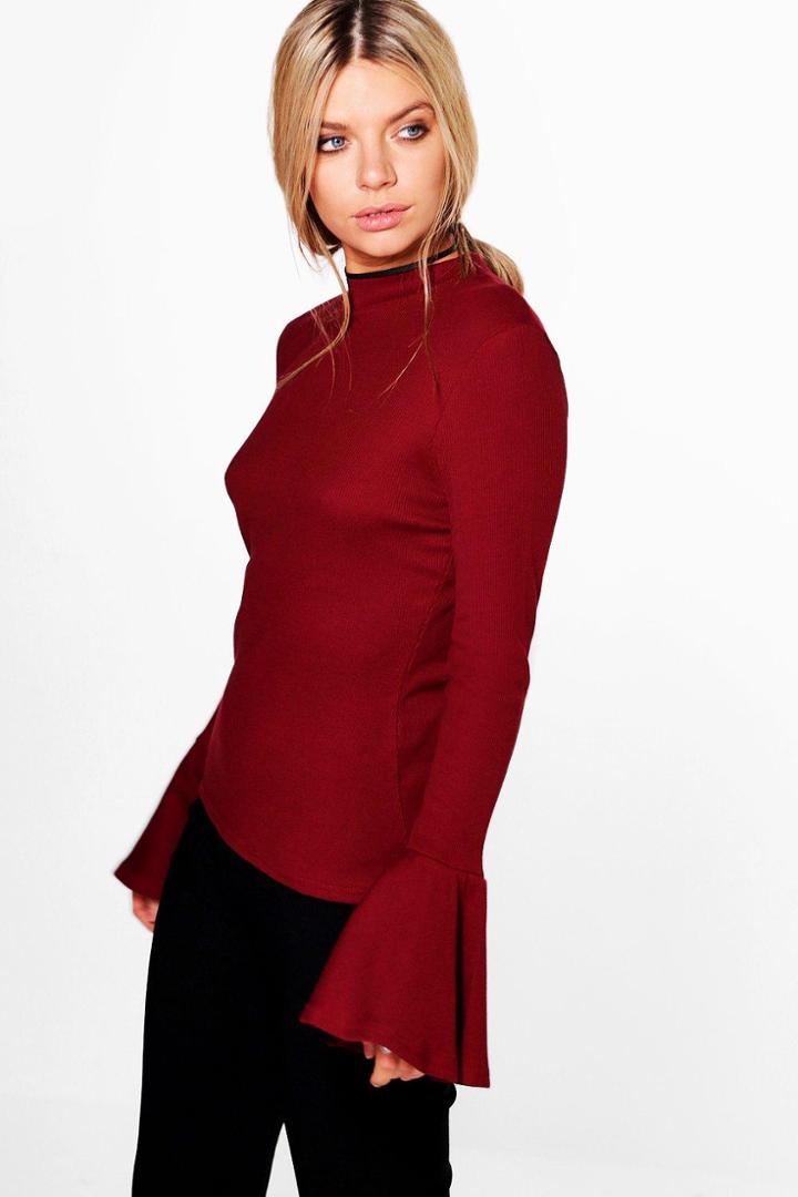 Boohoo Hallie High Neck Frill Cuff Ribbed Top Wine