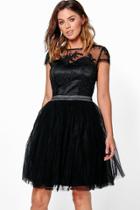 Boohoo Boutique Ayra Embroidered Mesh Skater Dress Black