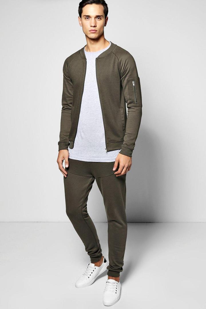 Boohoo Skinny Fit Ribbed Bomber Tracksuit Khaki