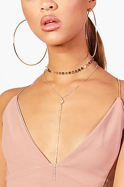 Boohoo Lily Coin Choker And Gem Plunge Layered Necklace