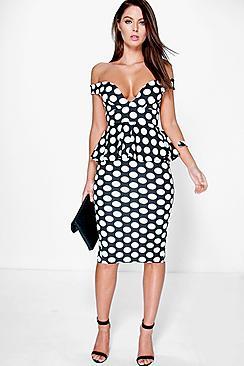 Boohoo May Off The Shoulder Polka Dot Peplum Midi Dress