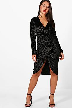 Boohoo Harriet Velvet Long Sleeve Wrap Bodycon Dress