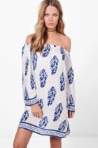 Boohoo Emma Off The Shoulder Feather Print Dress Blue